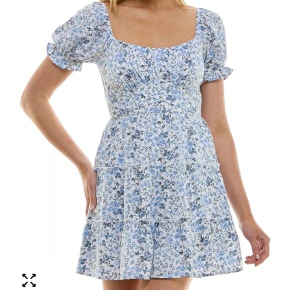 Trixxi Dresses & Skirts - TRIXXI Women's Dress Blue White Floral Mini Puff Sleeve Cottagecore Size small